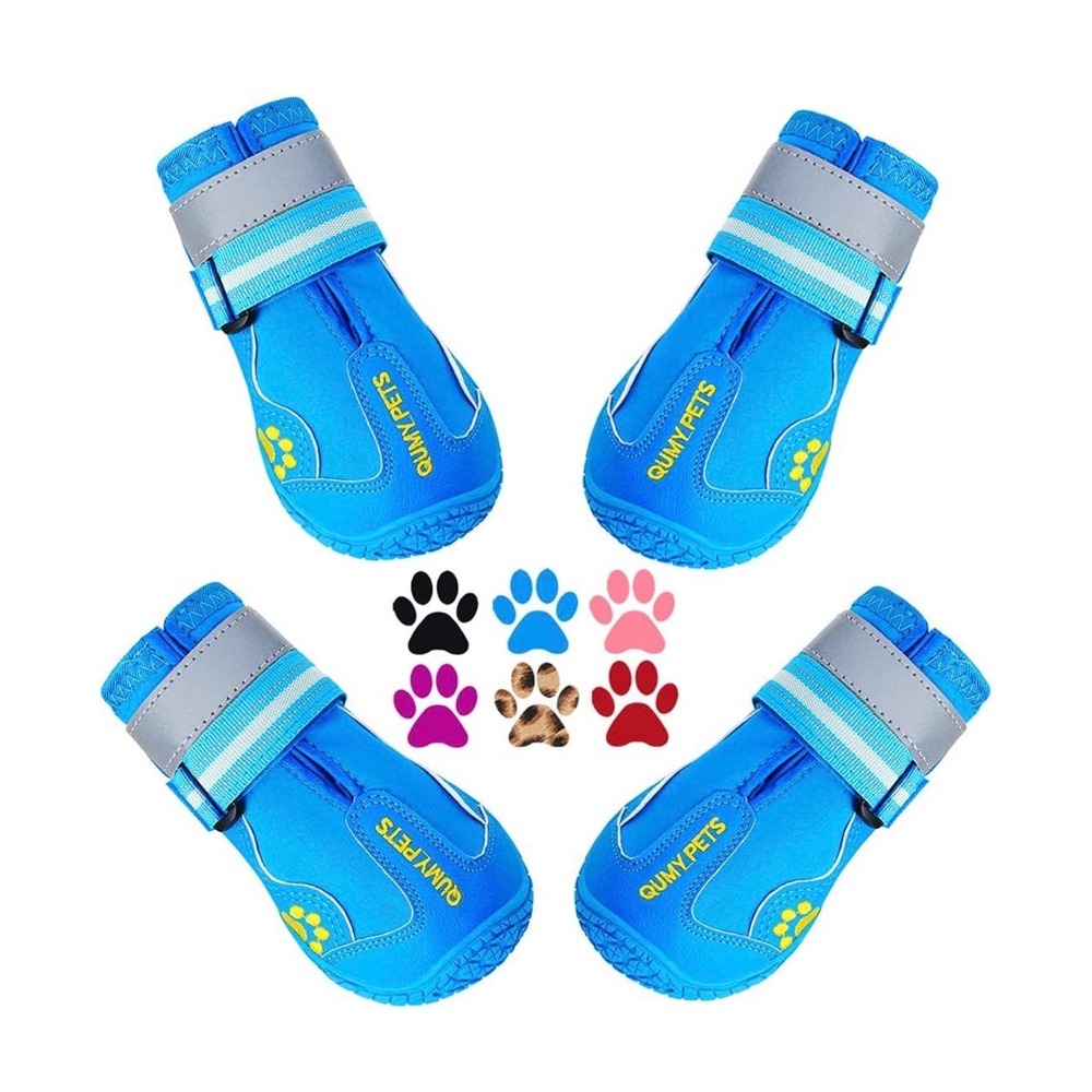 QUMY Dog Shoes Blue Paw Protectors Waterproof‎ Boots Size 6 Set of 4 Reflective